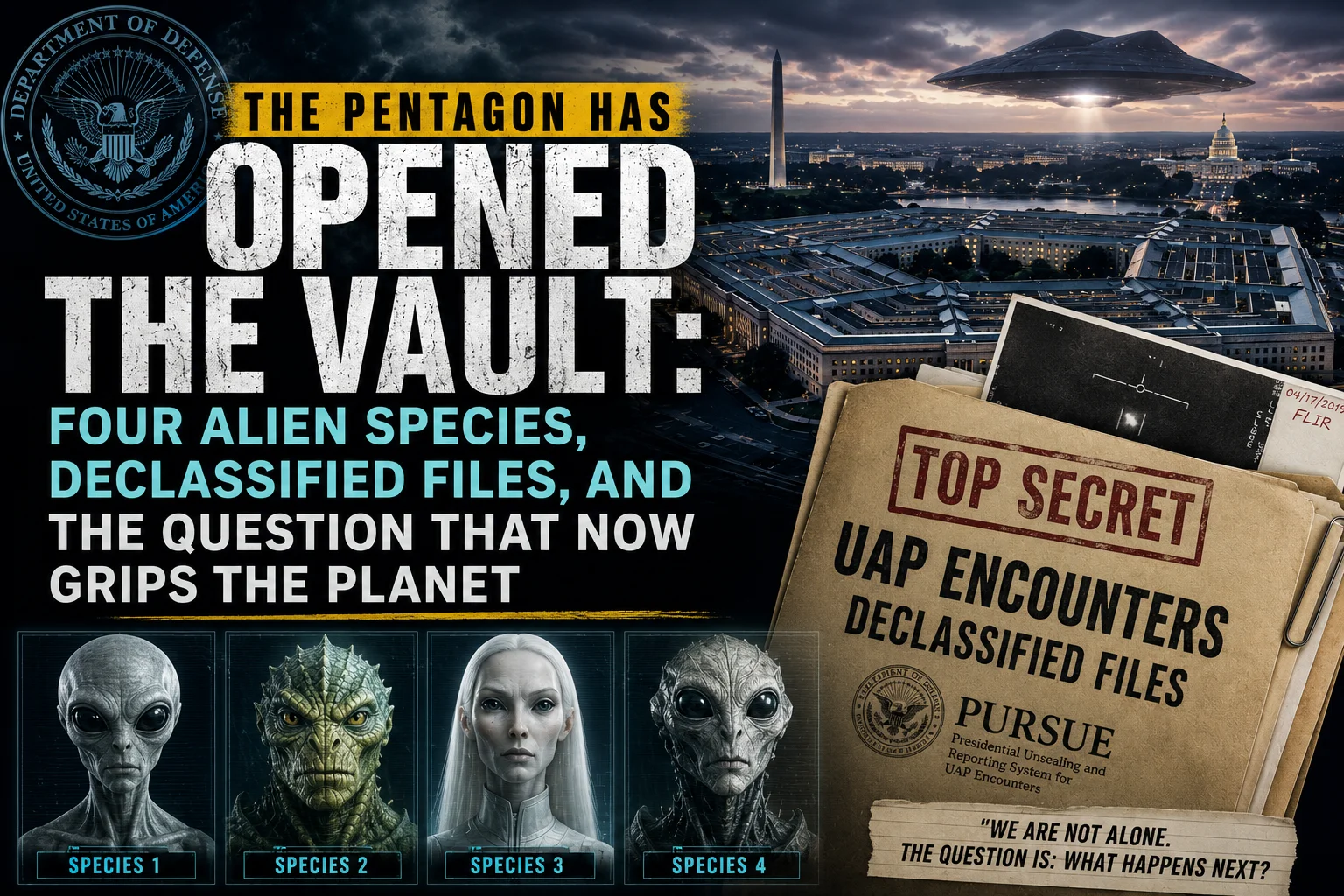 You are currently viewing The Pentagon Has Opened the Vault: Four Alien Species, Declassified Files, and the Question That Now Grips the Planet 2026